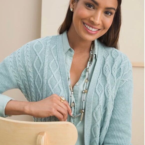 Chico's Light Blue Hint Of Cashmere Cable Knit Long Sweater Cardigan - Picture 7 of 13